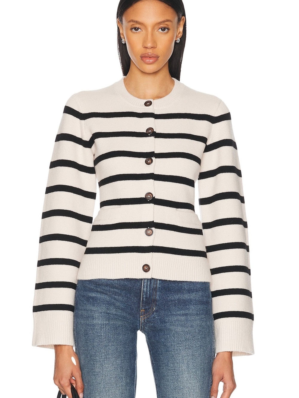 Jenni Kayne Cream and Black Striped Button-Front Cardigan